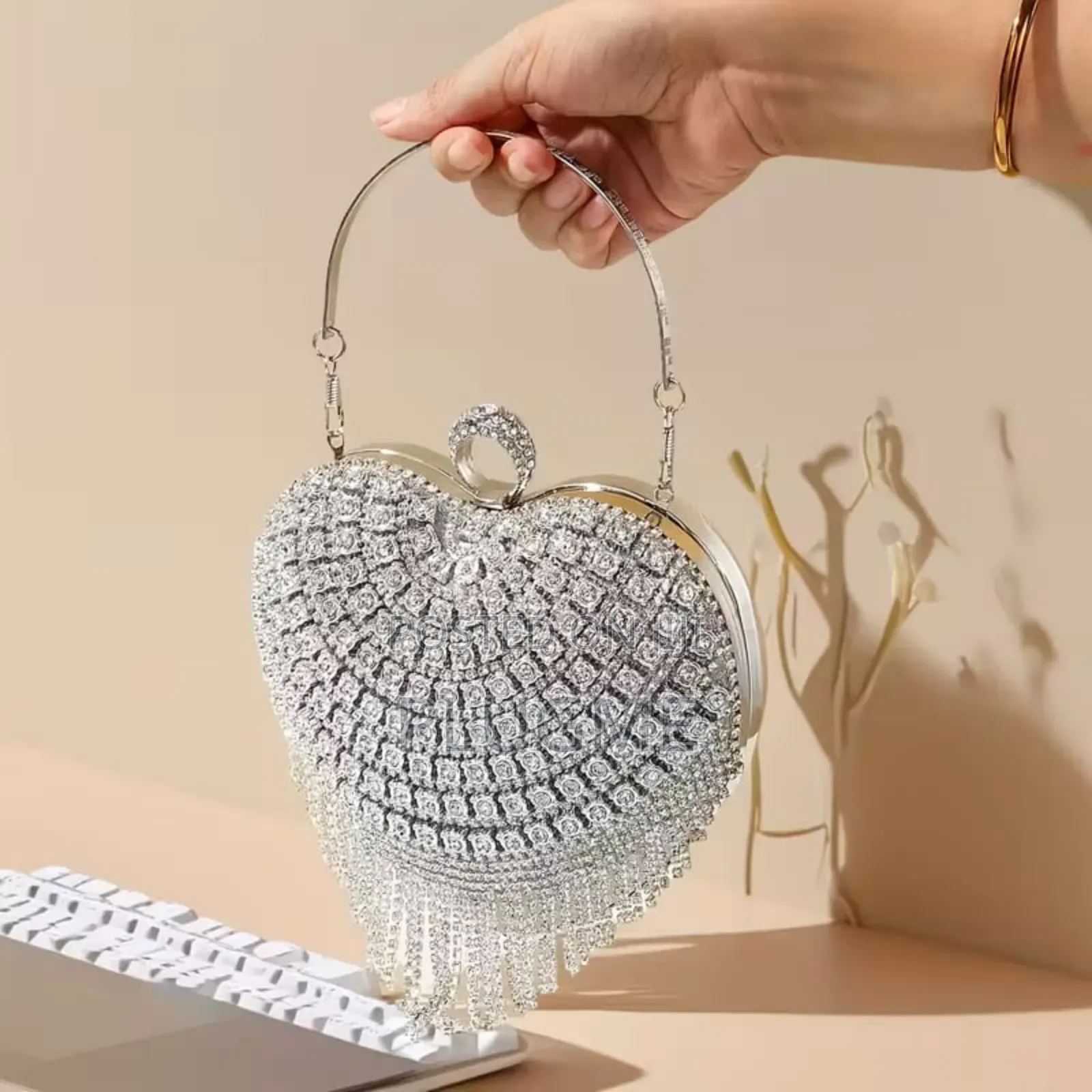 Heart-Shaped Evening Clutch Bag With Rhinestones and Tassel Details