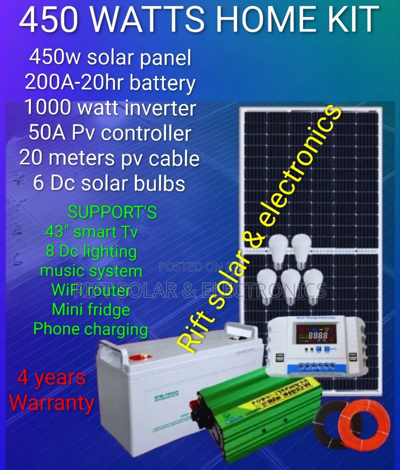 450 Watts Solar Home Kit Support 50" Smart Tv, Mini Fridge 8 Lights