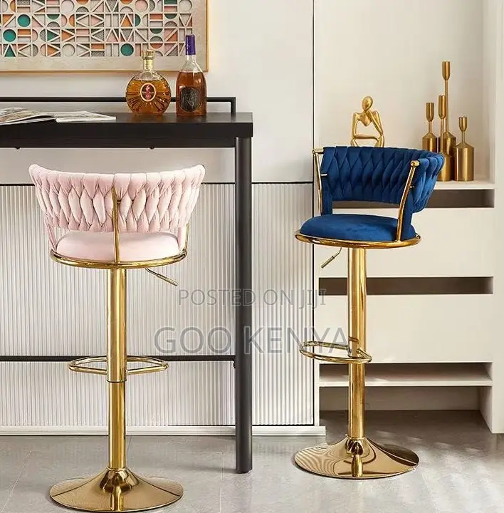 Home Bar Stool; Bar Chair With Golden Frame, Velvet and Nordic Design