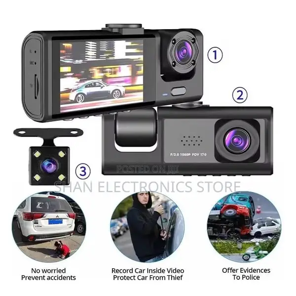 Three Lens Car Camera DVR Blackbox Dashcam With Ips Screen Front