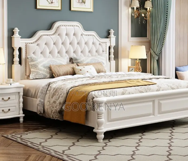 Home Bed; Elegant King Double Bed With Wood Frame and Leather Finish