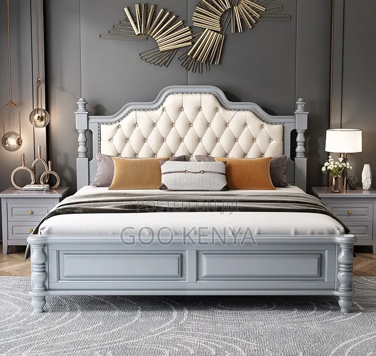 Home Bed; Elegant King Double Bed With Wood Frame and Leather Finish
