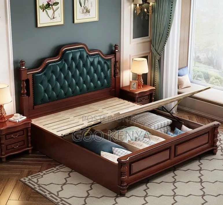 Home Bed; Elegant King Double Bed With Wood Frame and Leather Finish