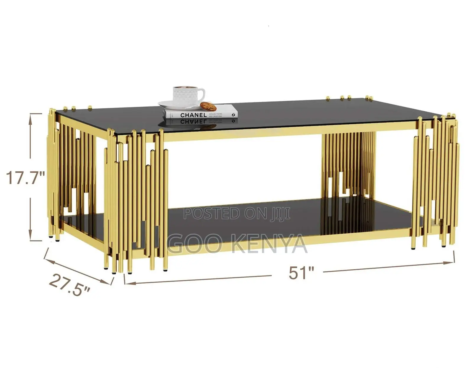 Home Table; Coffee Table With Black Glass Top and Golden Metal Frame