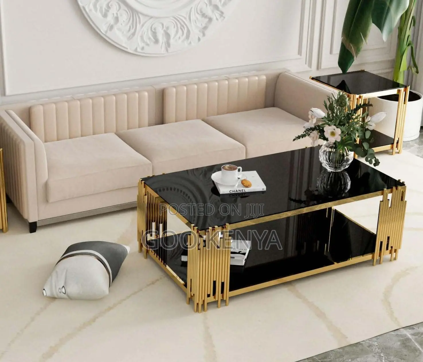Home Table; Coffee Table With Black Glass Top and Golden Metal Frame