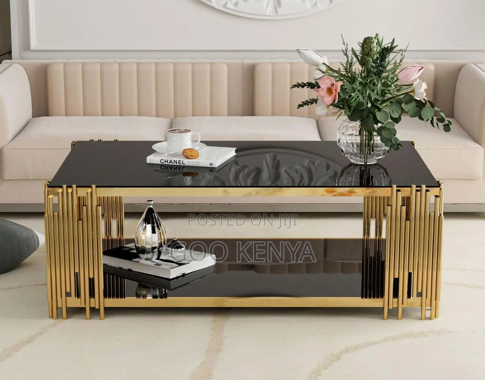 Home Table; Coffee Table With Black Glass Top and Golden Metal Frame