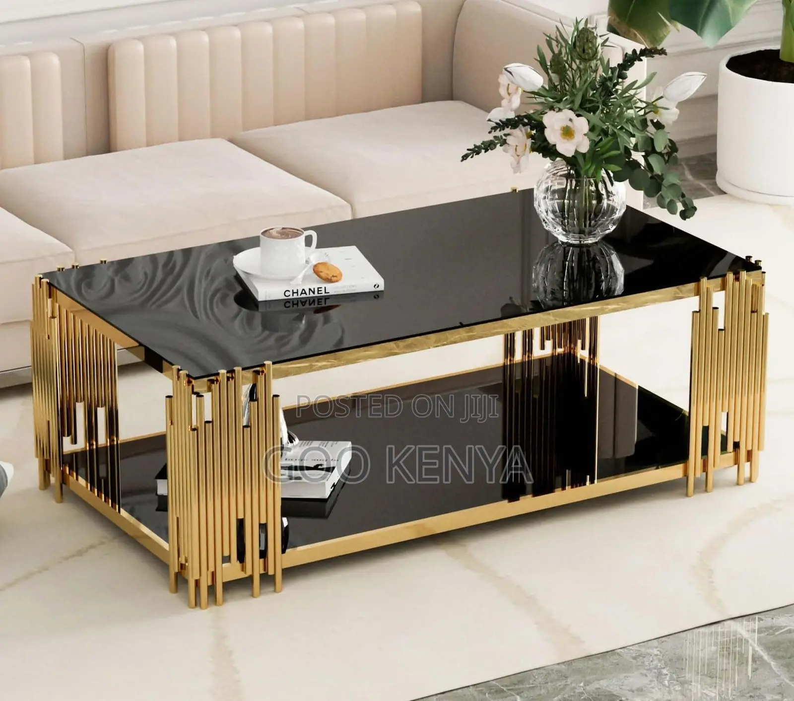 Home Table; Coffee Table With Black Glass Top and Golden Metal Frame