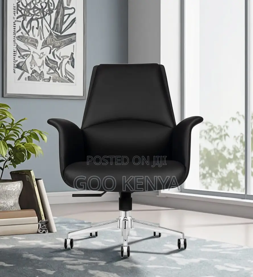 Office Chair; Black Leather Height Adjustable Executive Office Chair