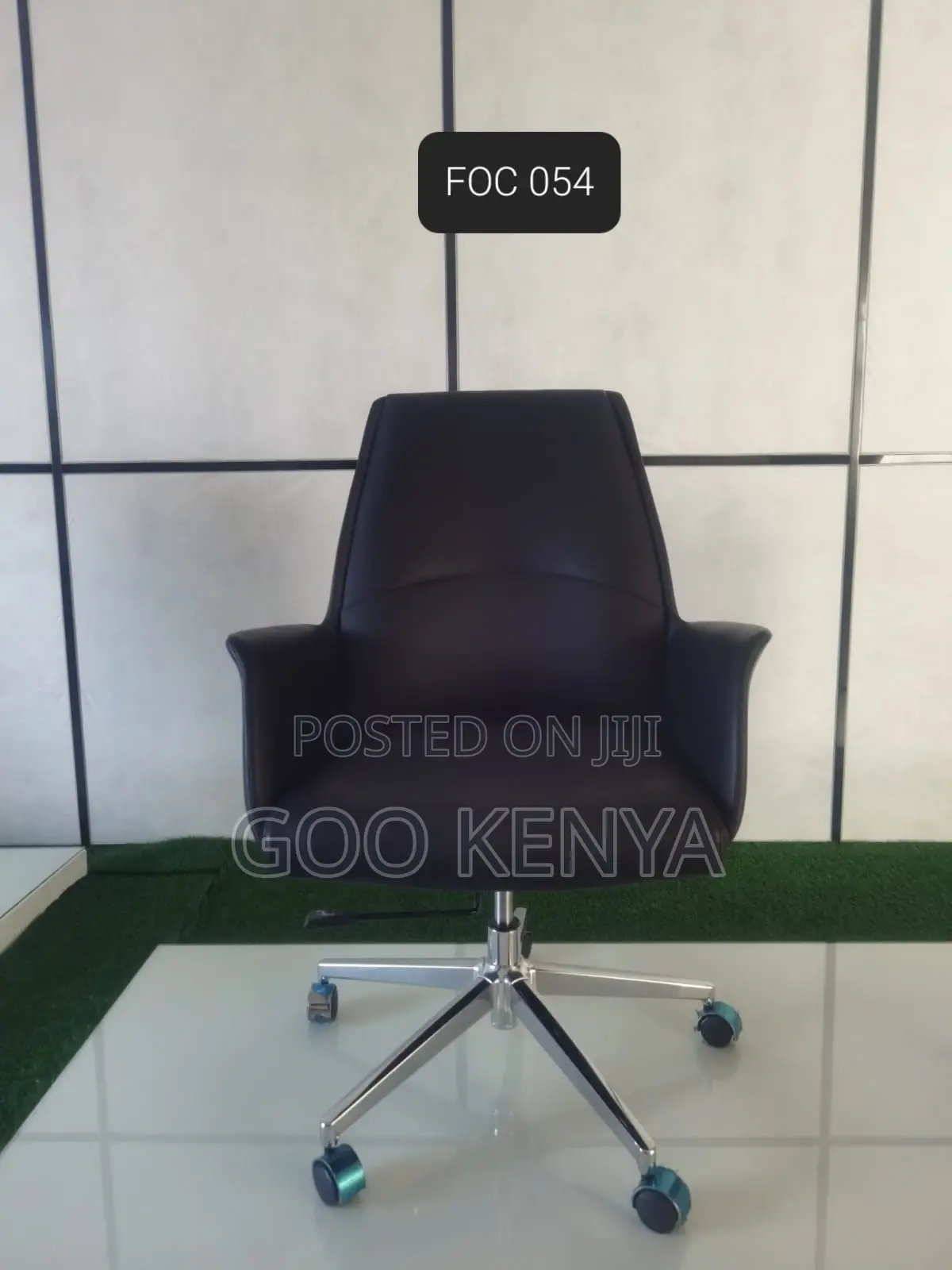 Office Chair; Black Leather Height Adjustable Executive Office Chair