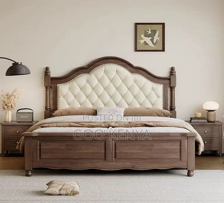 Home Bed;Queen Size Sturdy Wooden Bed With Cushioned Leather Headboard