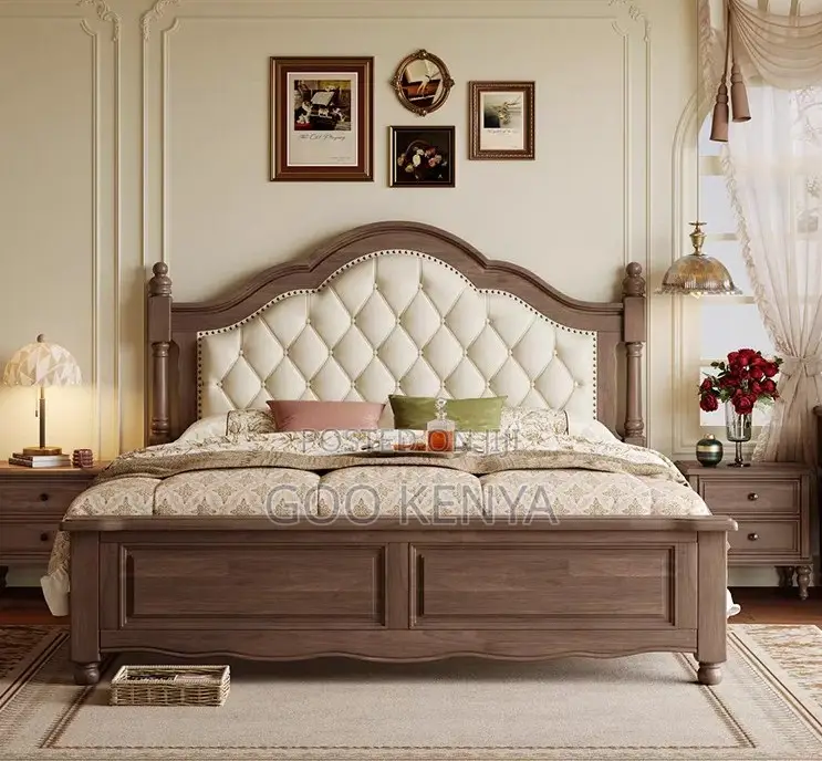 Home Bed;Queen Size Sturdy Wooden Bed With Cushioned Leather Headboard
