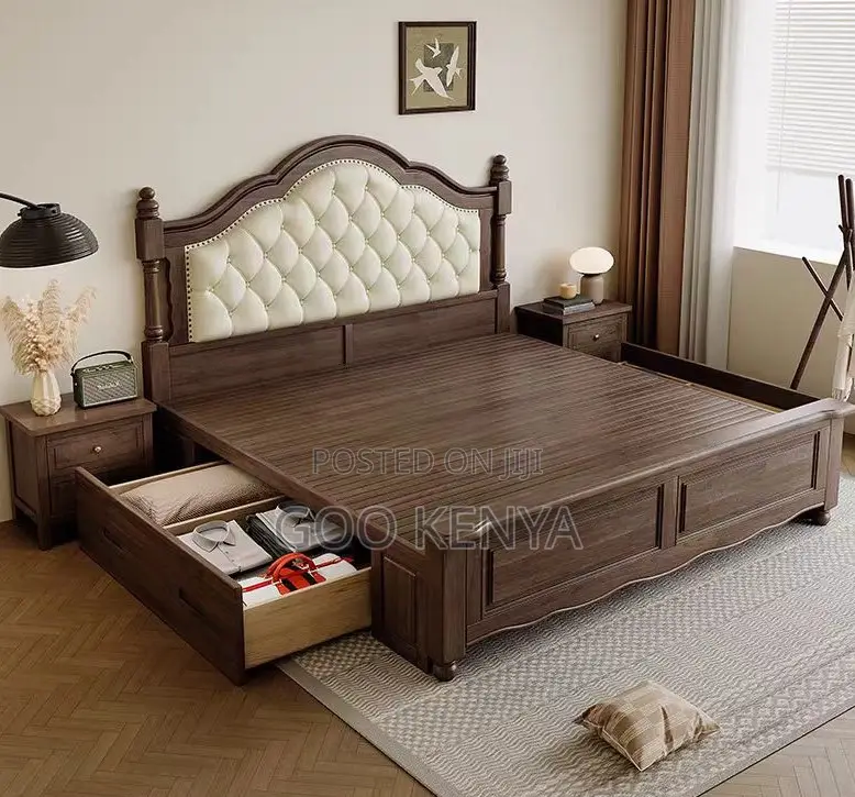Home Bed;Queen Size Sturdy Wooden Bed With Cushioned Leather Headboard
