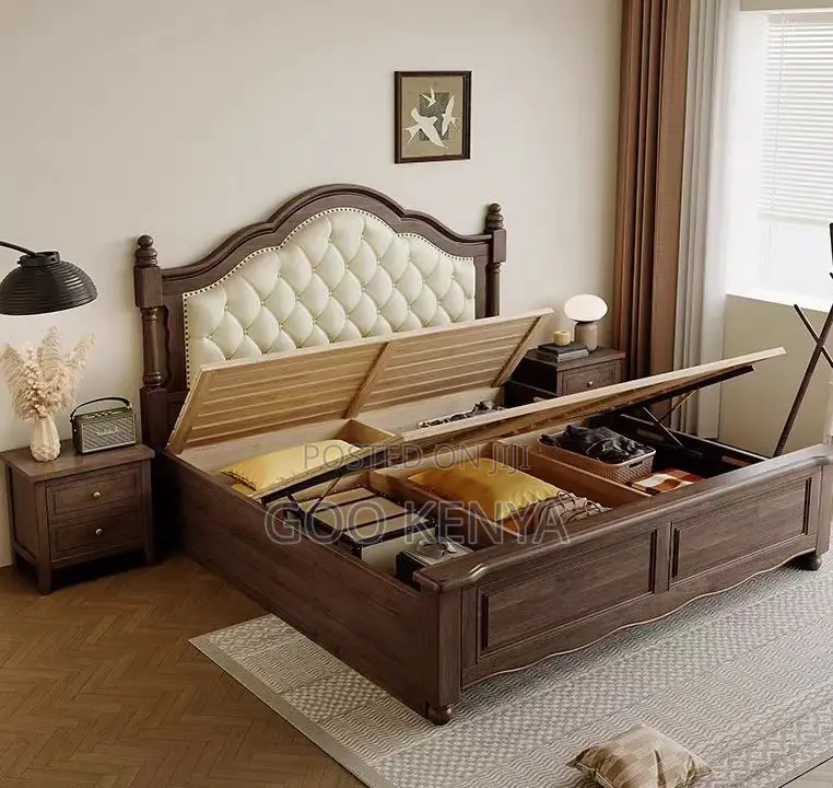 Home Bed;Queen Size Sturdy Wooden Bed With Cushioned Leather Headboard