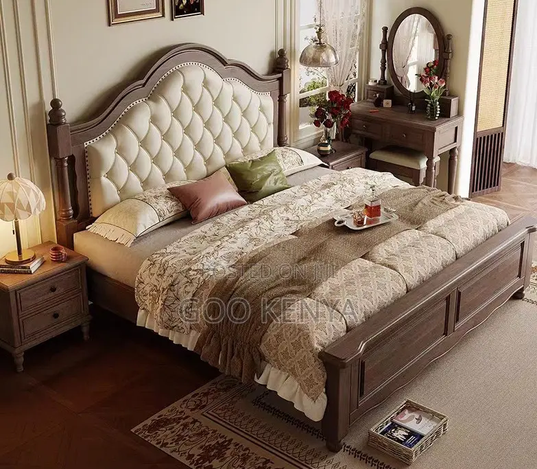 Home Bed;Queen Size Sturdy Wooden Bed With Cushioned Leather Headboard