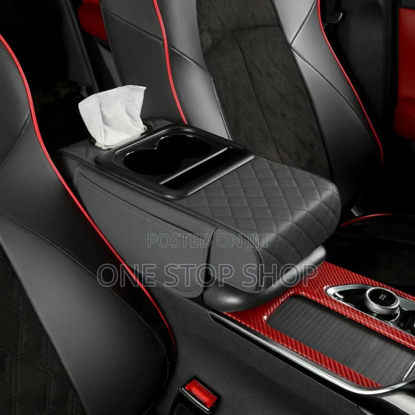 Black Leather Armrest Cushion With Cup/Phone Holder,Tissue Dispenser