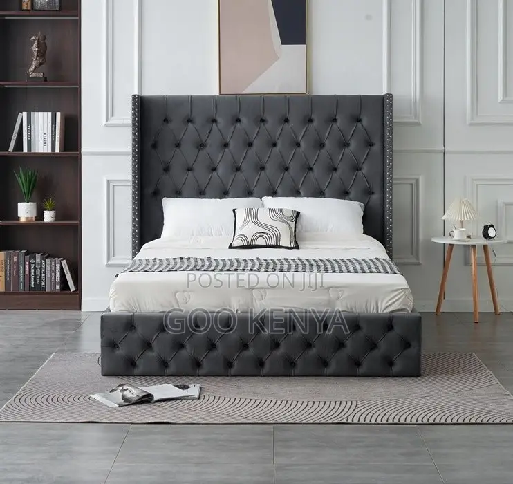Home Bed;Button-Tufted Wing Storage Bed With Wooden Frame and Gas Lift