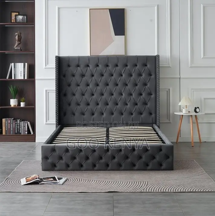 Home Bed;Button-Tufted Wing Storage Bed With Wooden Frame and Gas Lift