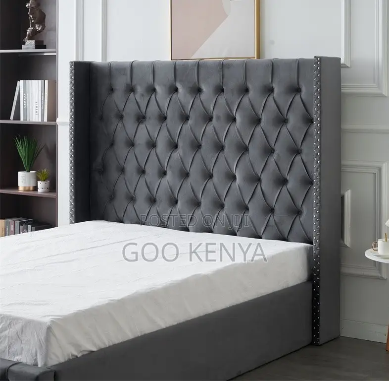 Home Bed;Button-Tufted Wing Storage Bed With Wooden Frame and Gas Lift