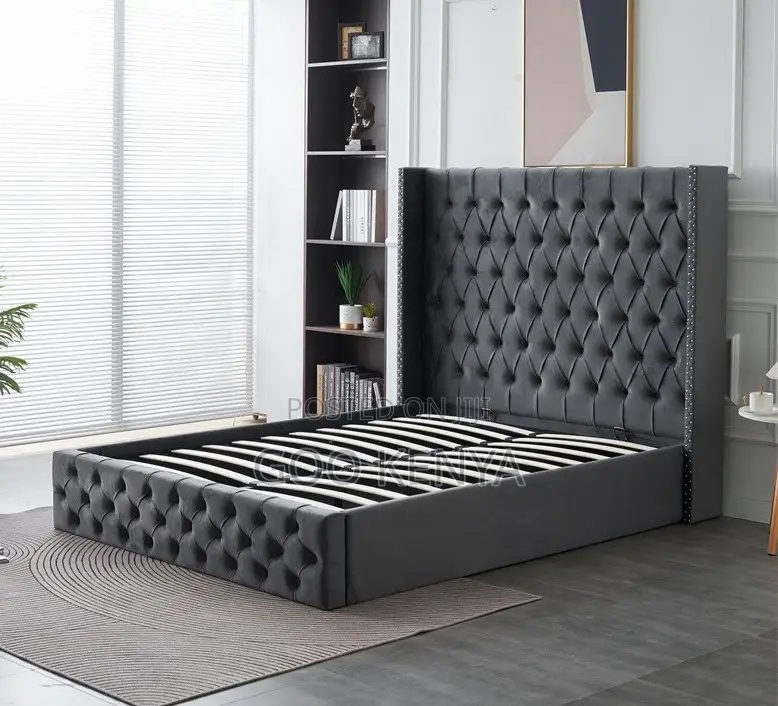 Home Bed;Button-Tufted Wing Storage Bed With Wooden Frame and Gas Lift