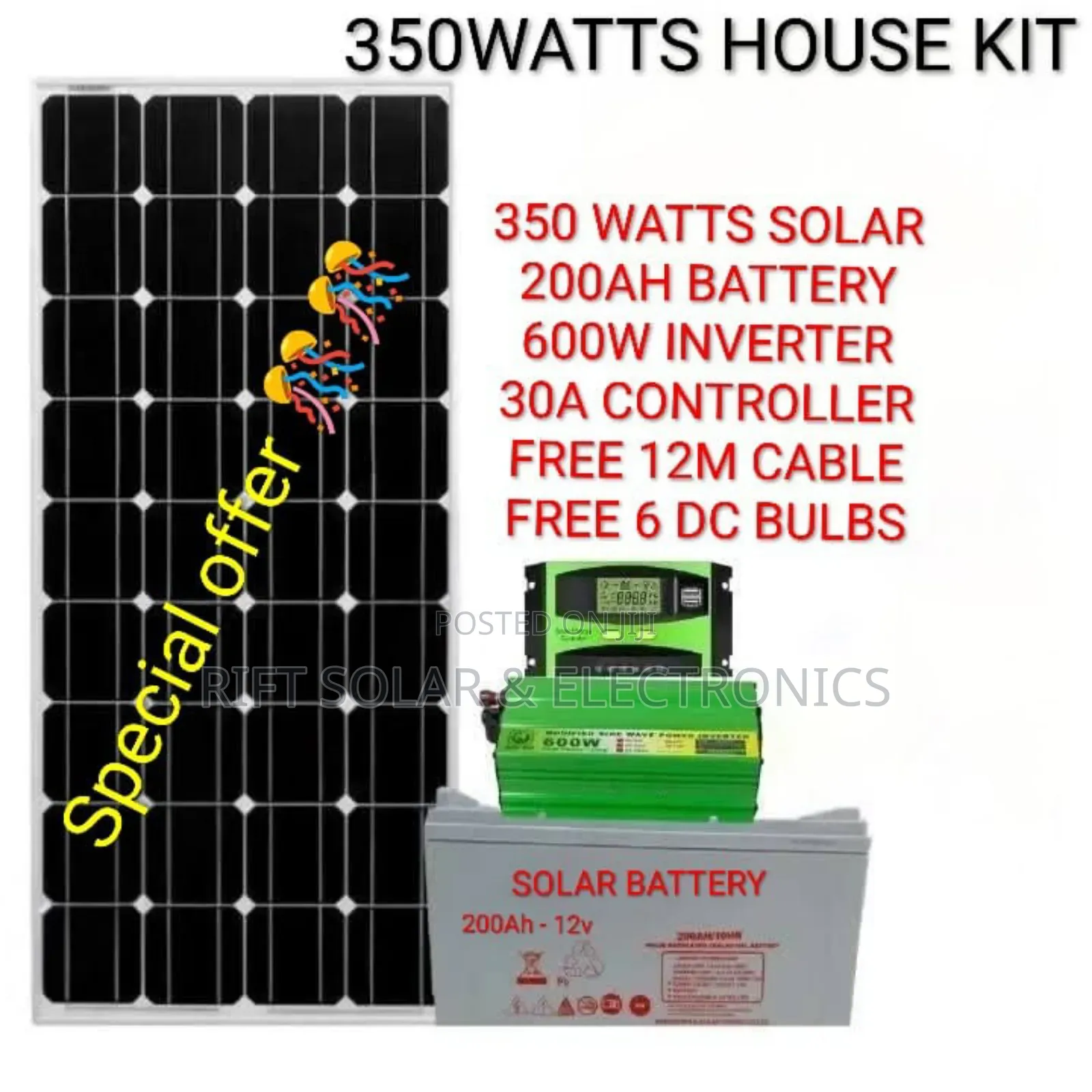 350 Watts Solar - 200ah Battery - 600w Inverter - 30a Controller Kit