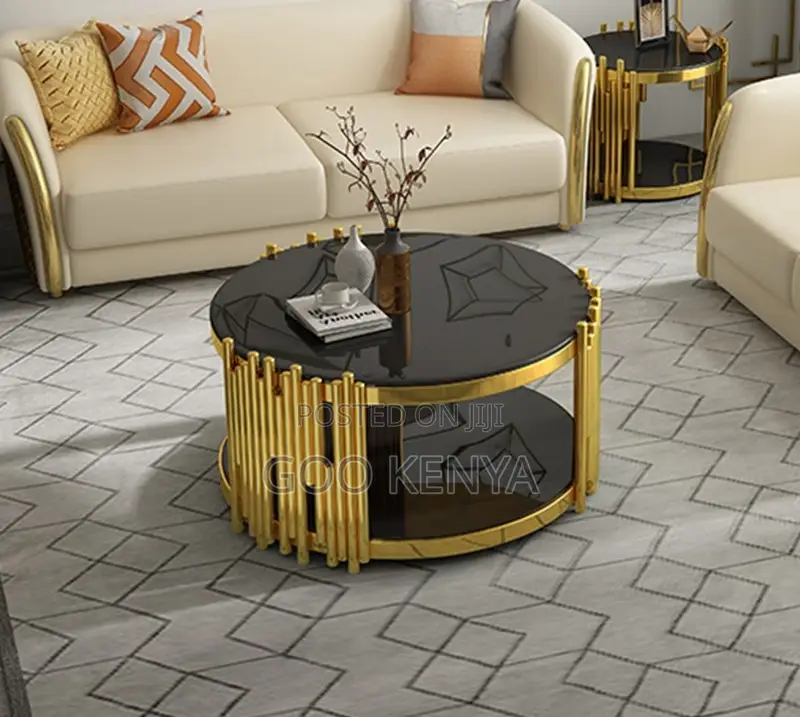 Home Table; Gold Metal Frame Black Tempered Glass Coffee Table