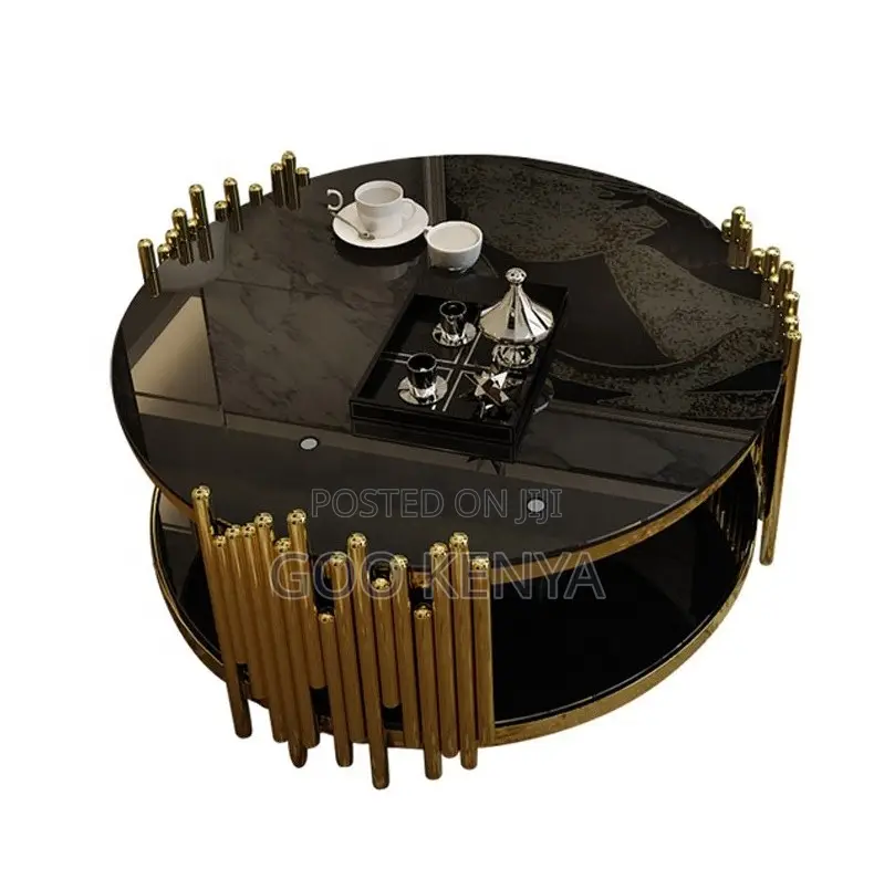 Home Table; Gold Metal Frame Black Tempered Glass Coffee Table
