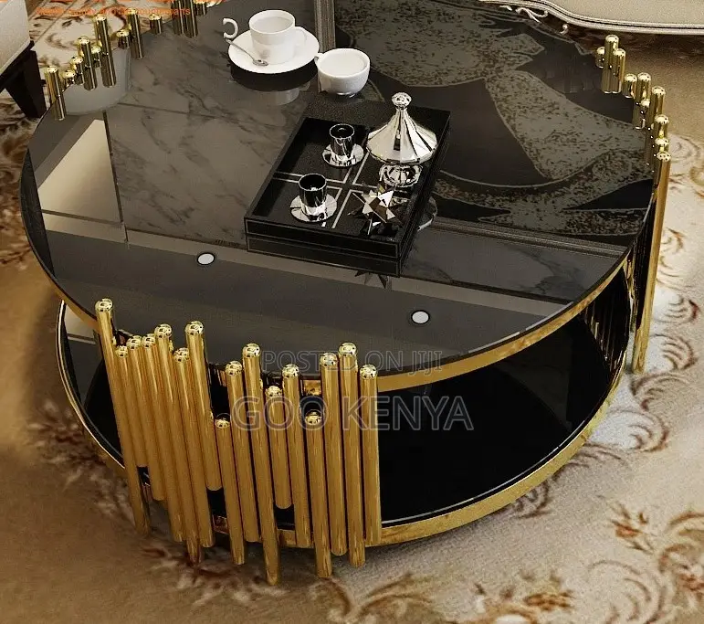 Home Table; Gold Metal Frame Black Tempered Glass Coffee Table