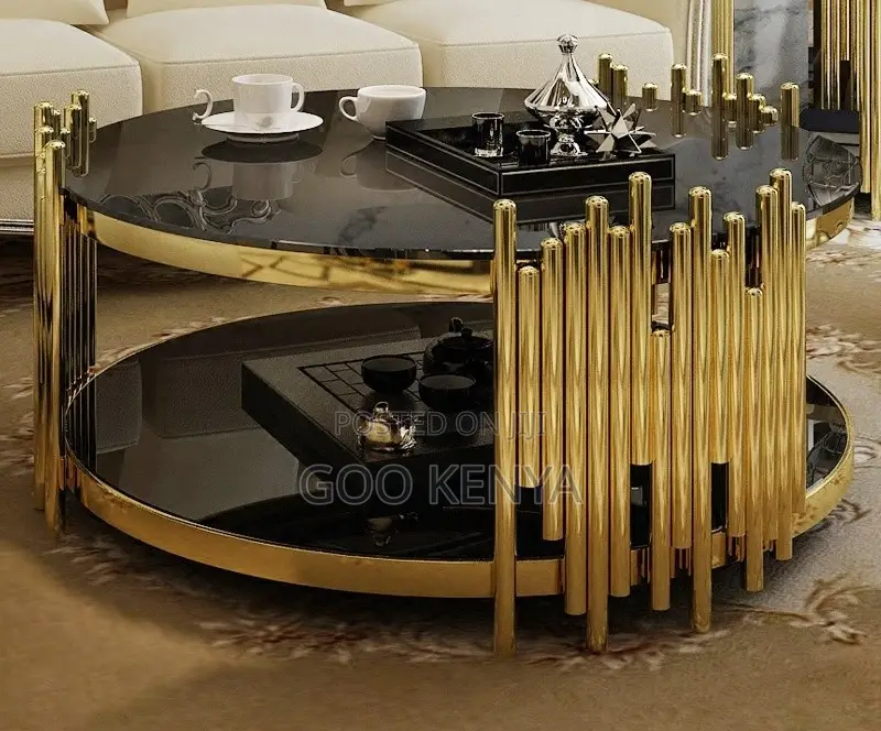 Home Table; Gold Metal Frame Black Tempered Glass Coffee Table