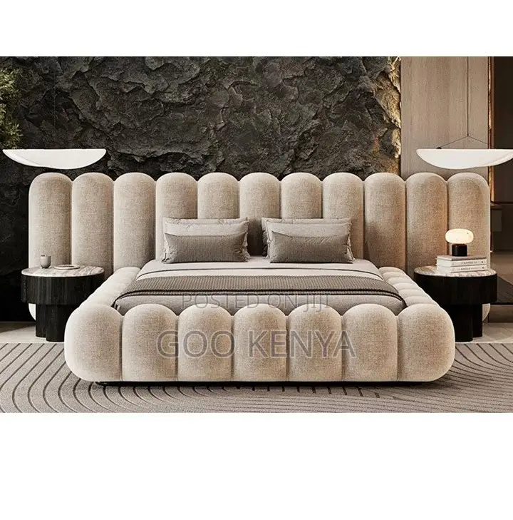 Home Bed;Bedroom Furniture Fabric Bed and Soft Padded Tufted Headboard