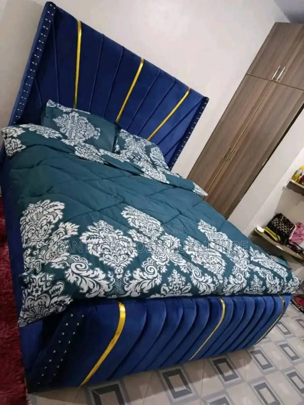 5x6 Blue Upholstered Bed With Gold Accents