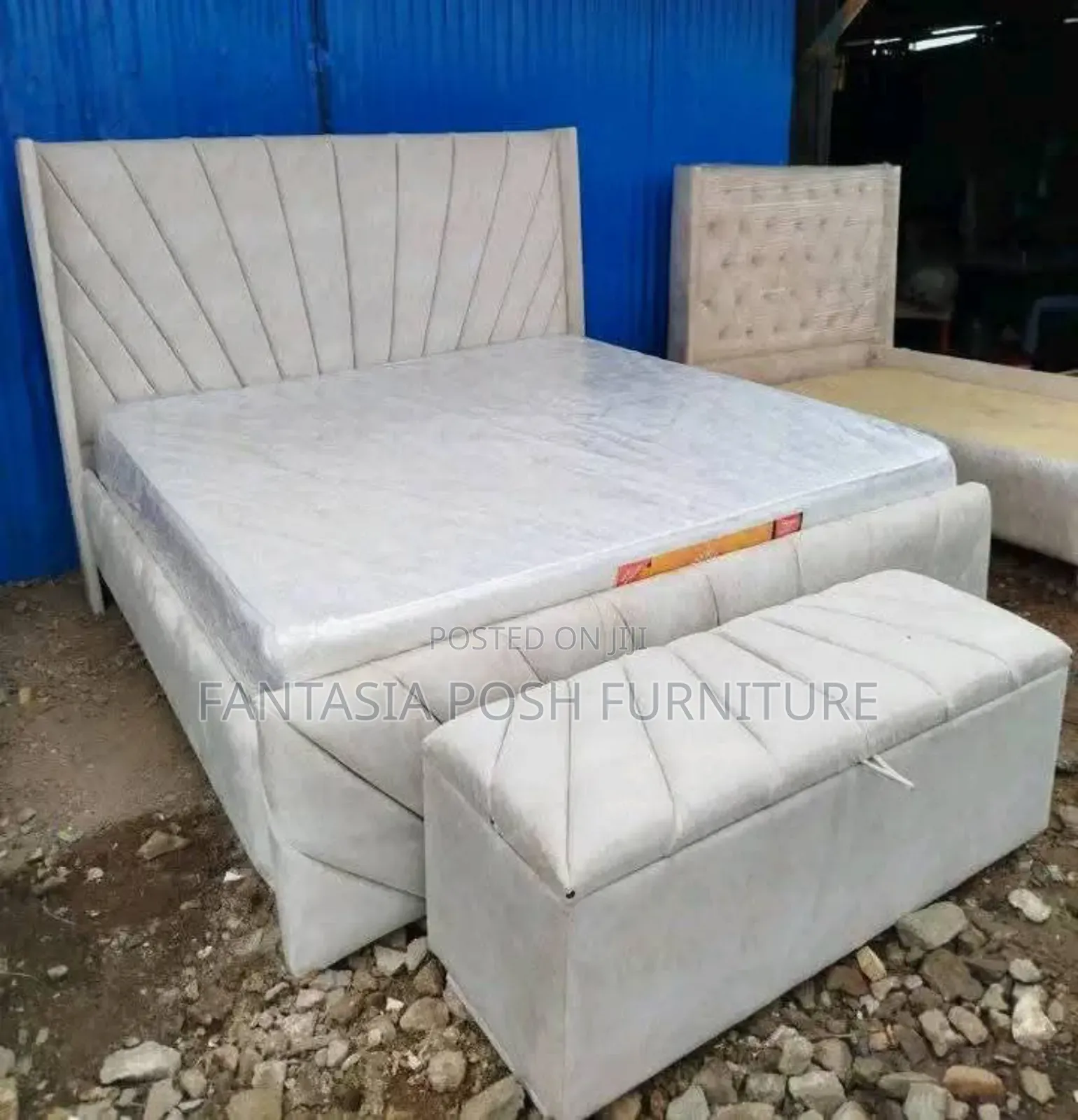 5x6 Cream Upholstered Bed + Storage Box - Pay on Delivery