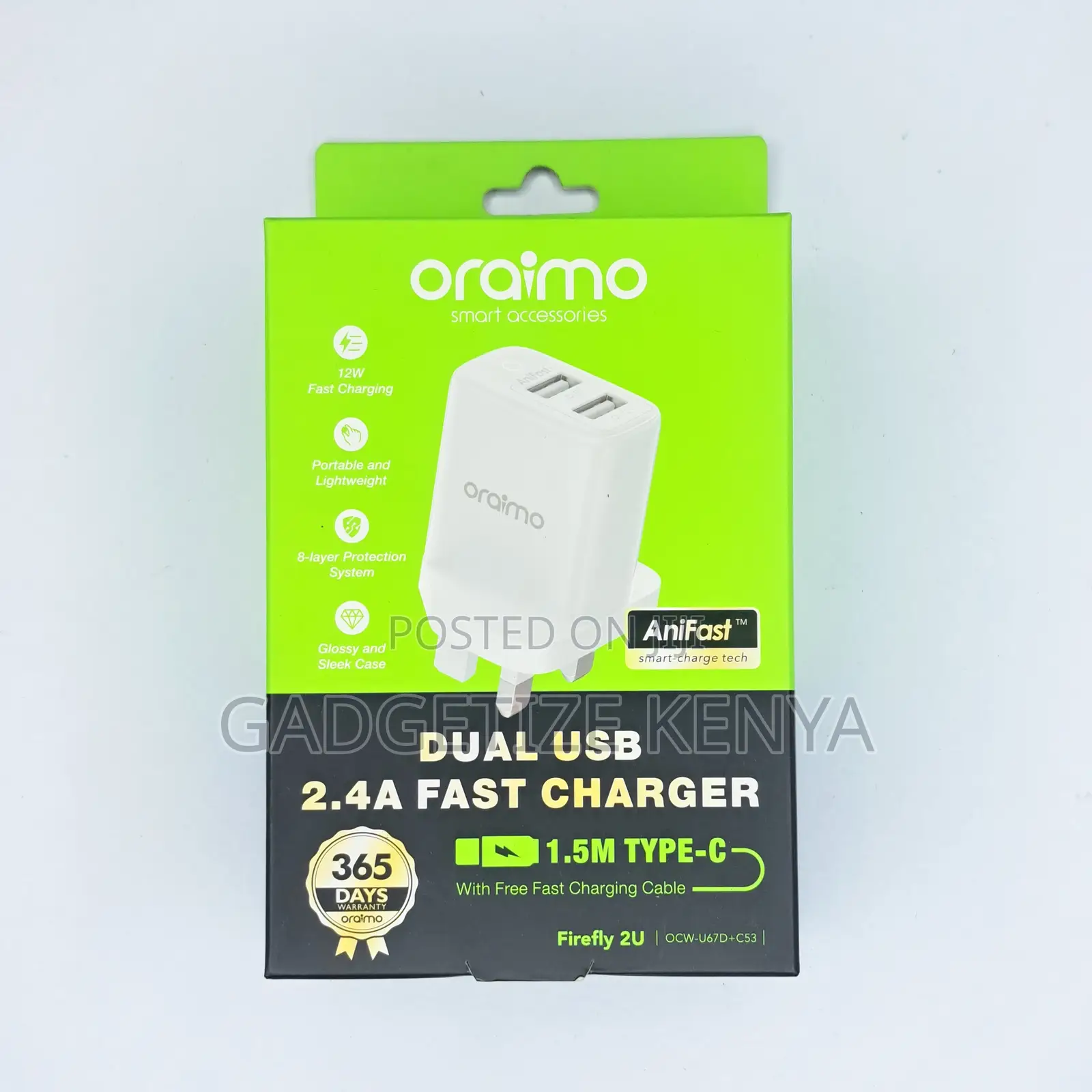 Oraimo Firefly 2u Iec-G to 2 Usb 12w Fast Charging Kit (Ocw-U67d)