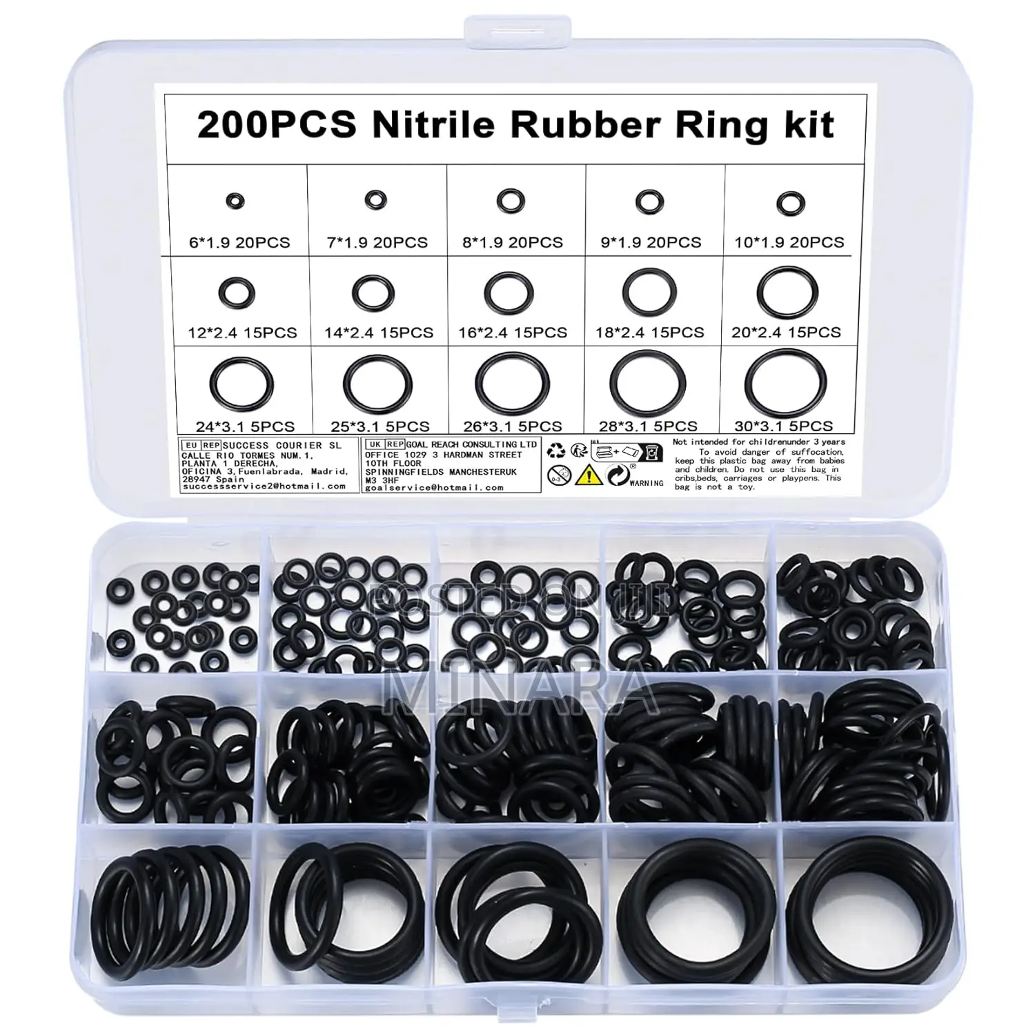 200 Pcs, O-Ring Seals, 15 Sizes, Nitrile Rubber Gasket Washers