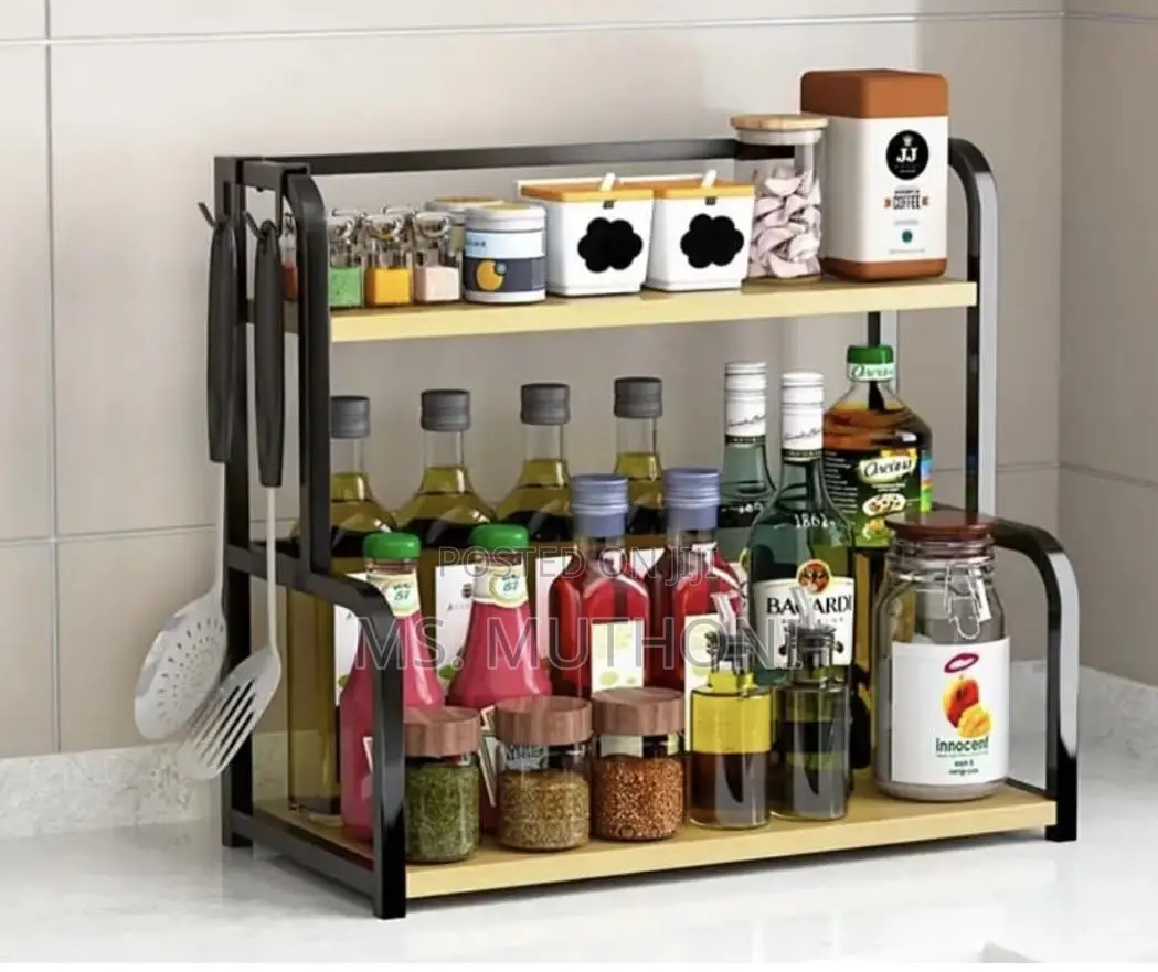 Two-Tier Stainless Steel Kitchen Storage Rack With Wooden Shelves.