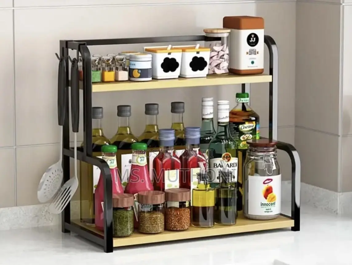 Two-Tier Stainless Steel Kitchen Storage Rack With Wooden Shelves.