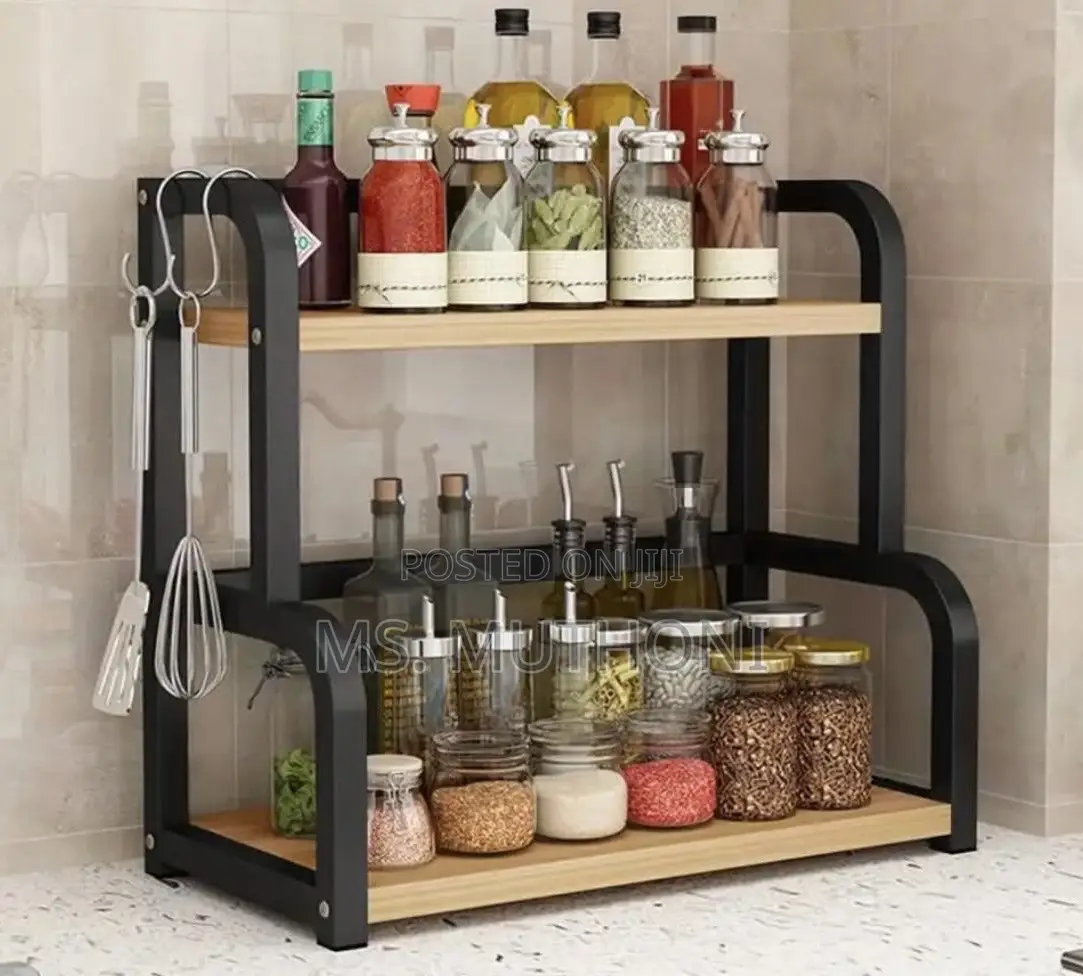 Two-Tier Stainless Steel Kitchen Storage Rack With Wooden Shelves.