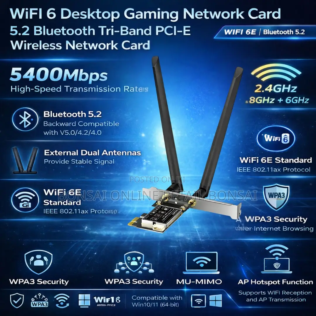 Ax5400 Wifi 6e Pcie Card, Bluetooth 5.2, Tri-Band for Desktop Pc
