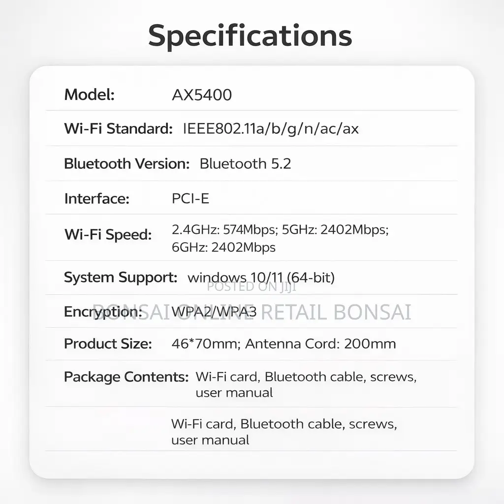 Ax5400 Wifi 6e Pcie Card, Bluetooth 5.2, Tri-Band for Desktop Pc