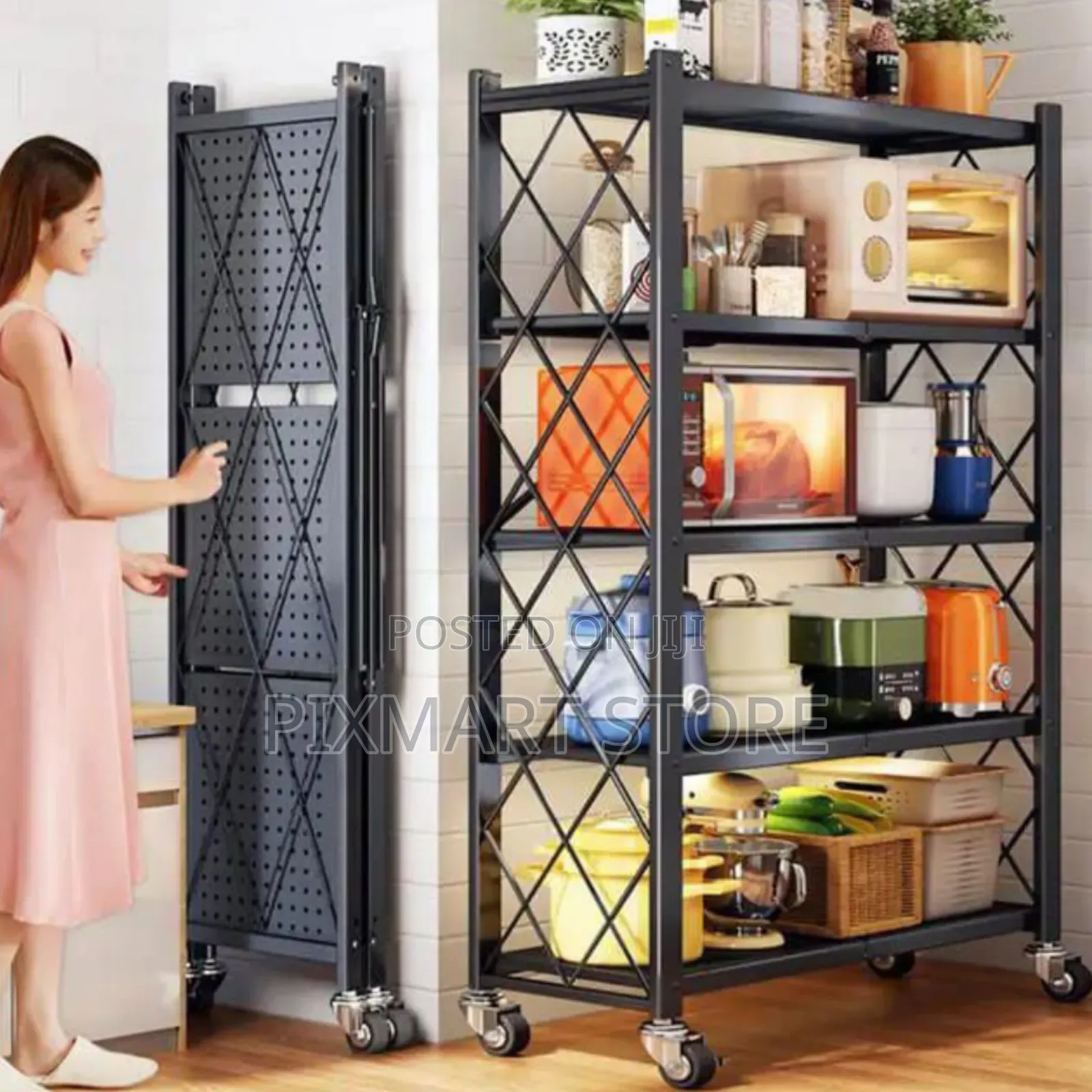 5-Tier Foldable Kitchen Rack on Wheels – Spacious Mobile Storage