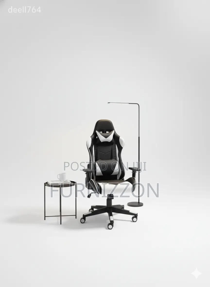 White Modern Gaming Chair With Neck Support and Swivel