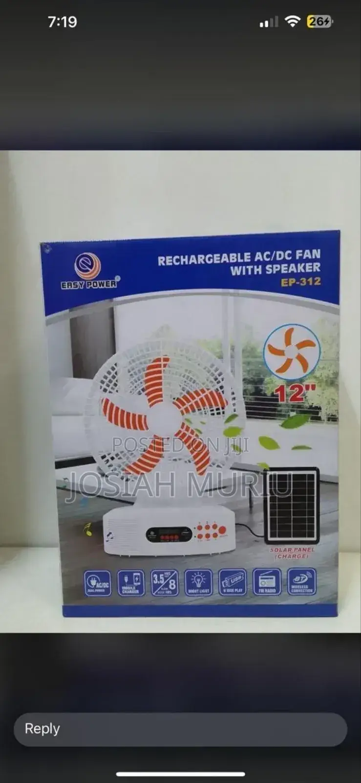 Ep-312 12-Inch Rechargeable Ac/Dc Fan With a Speaker.
