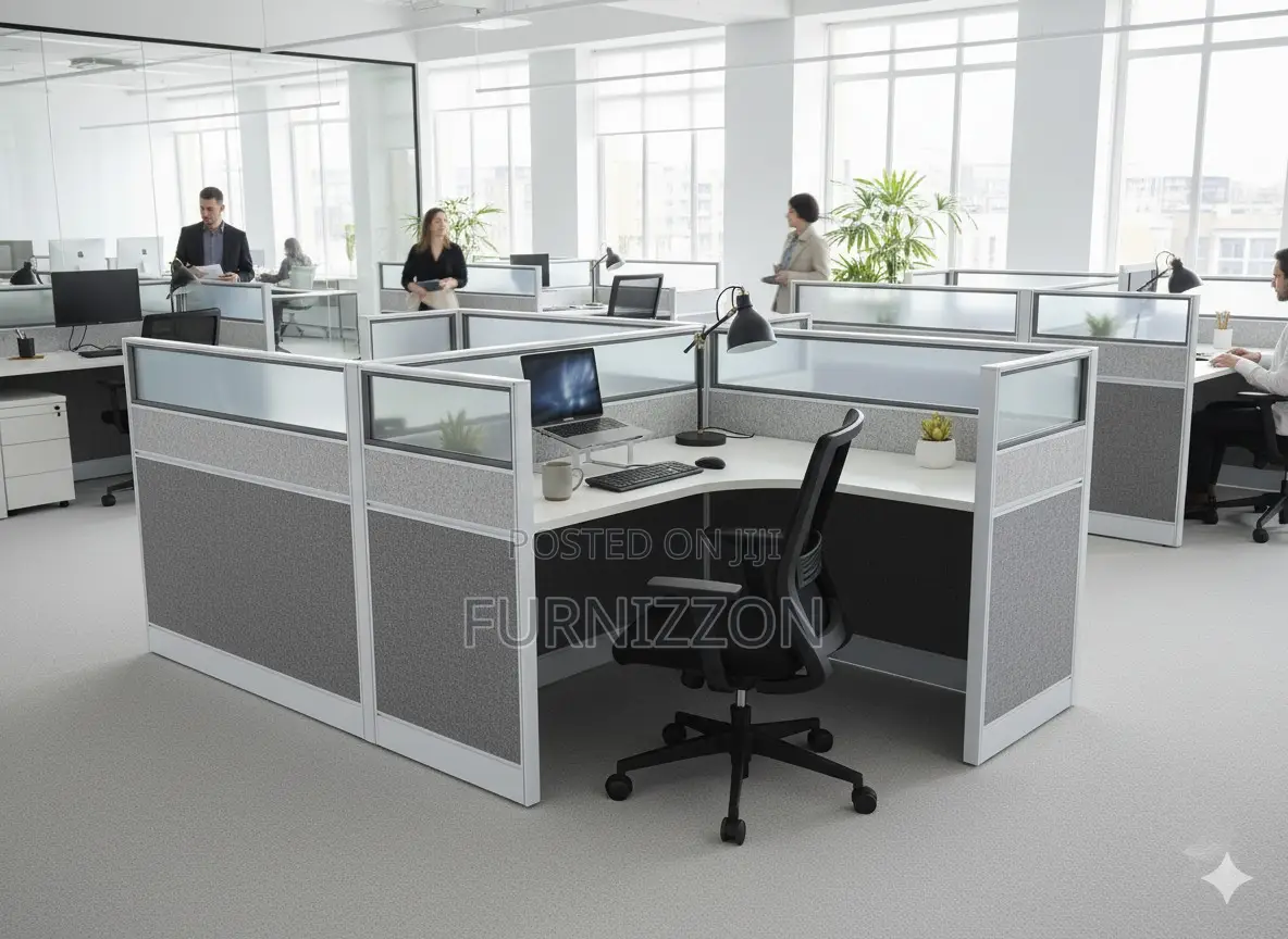 2-Cubicle Office Desk With Glass Aluminium Partition and Wooden Top