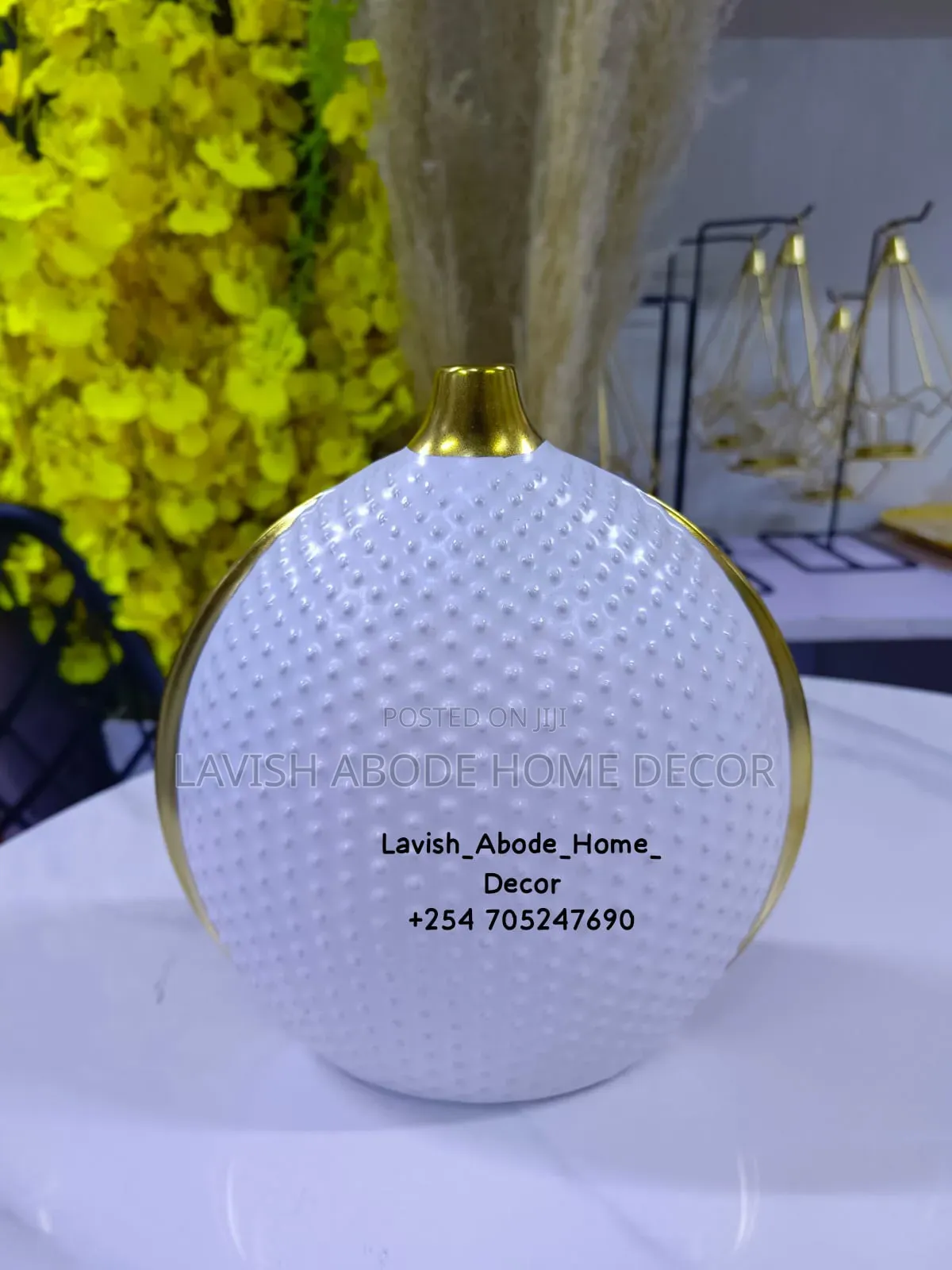 Ceramic Hobnail Flower Vase With a Gold-Toned Rim