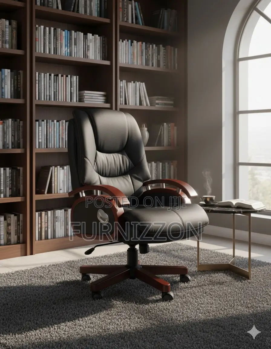 Modern Executive Black Leather Office Chair With Wooden Frame