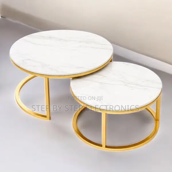 Elegant Round Marble Top Nesting Tables With Gold Metal Legs