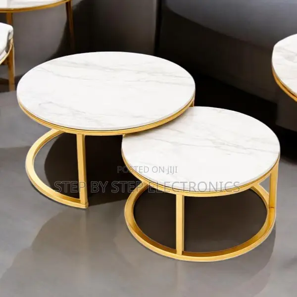 Designer Round Marble Coffee Nesting Tables With Gold Base