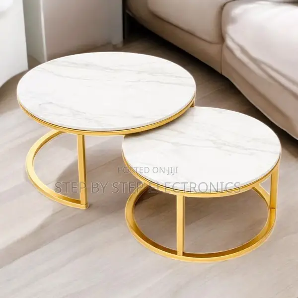 Stylish White Marble Nesting Coffee Tables With Gold Stand
