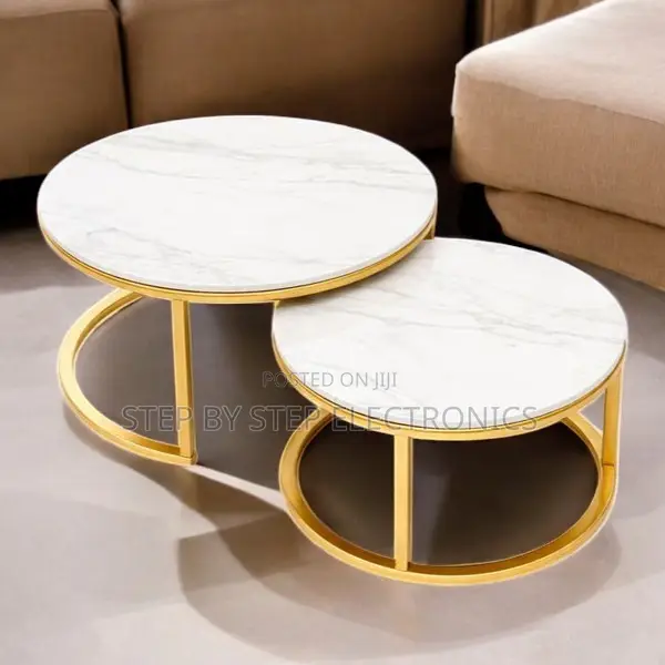 Luxury Round Marble Nesting Tables With Strong Gold Metal Base