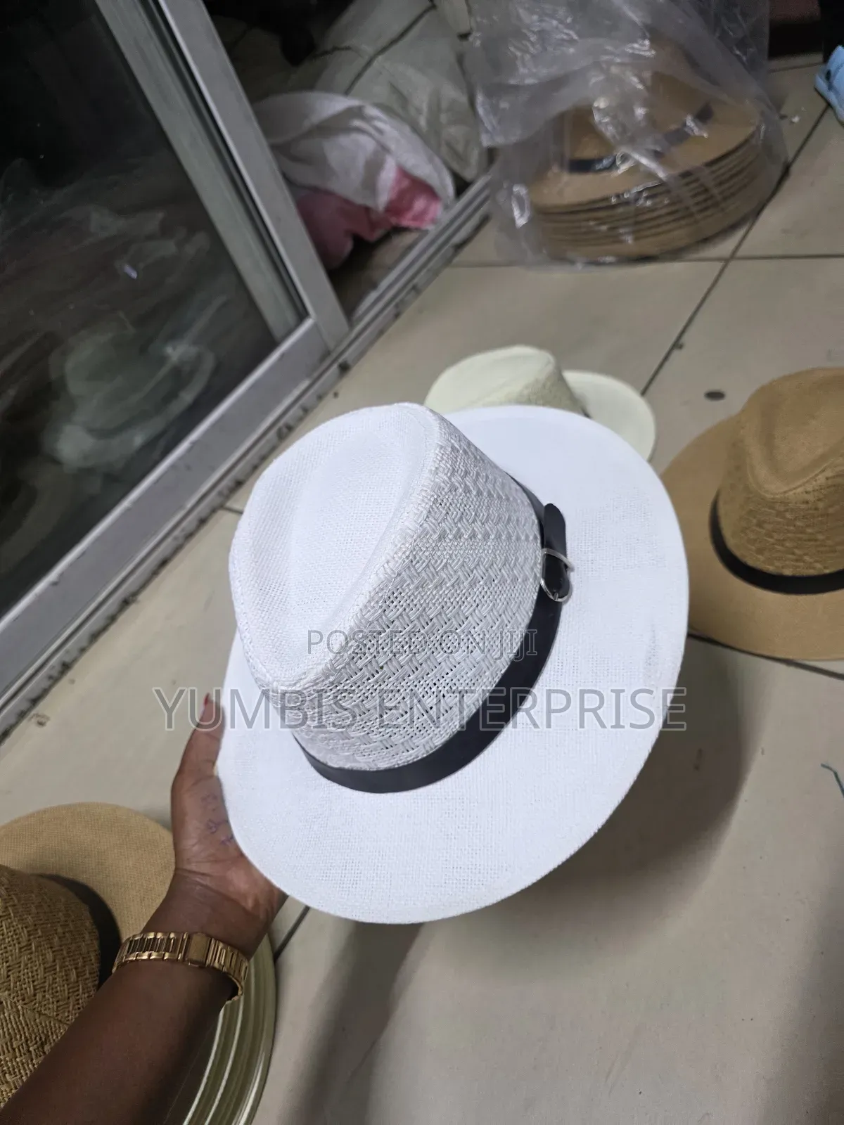 White Straw Mens Hat With a Black Belt Strap Round