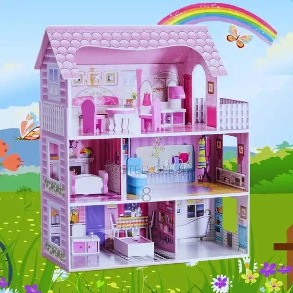 Wooden Dollhouse With Furniture, Pretend Play Doll House Toys for Kids
